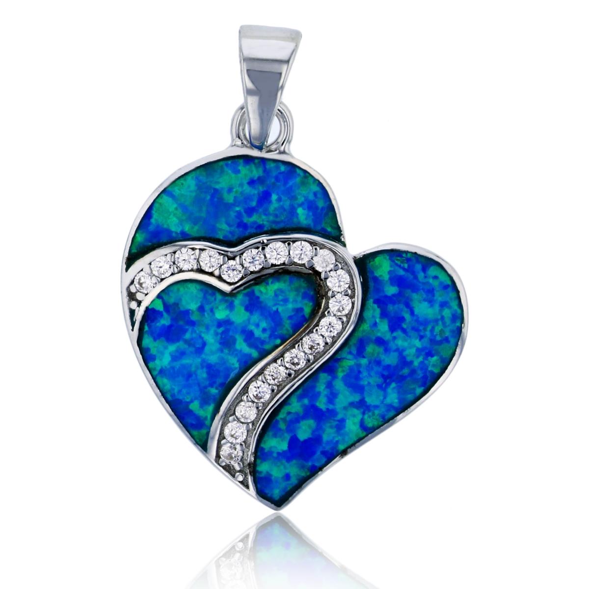 Sterling Silver Rhodium 29x20mm Created Blue Opal & White CZ Heart Pendant