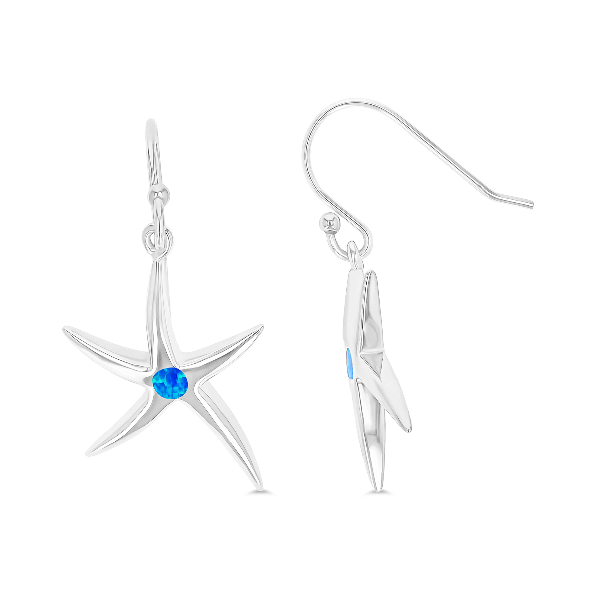 Sterling Silver Rhodium 38x16mm Polished Created Blue Opal Star Dangling Fish-Hook Earring