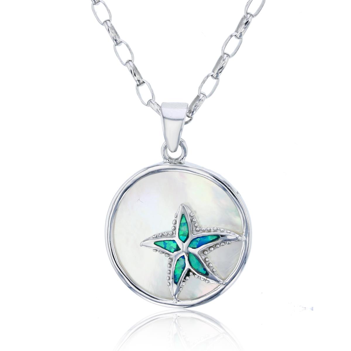 Sterling Silver Rhodium Round MOP Plate with Created Blue Starfish Pendant