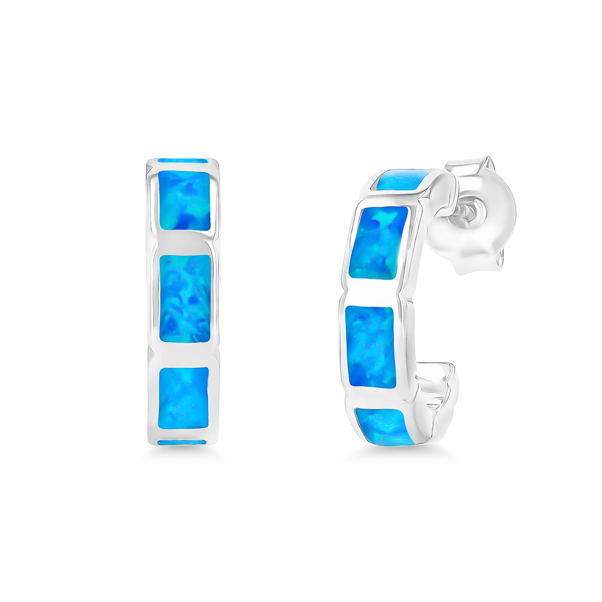 Sterling Silver Rhodium 15x4mm Created Blue Opal Brick Huggie Earring with Post & Clutch