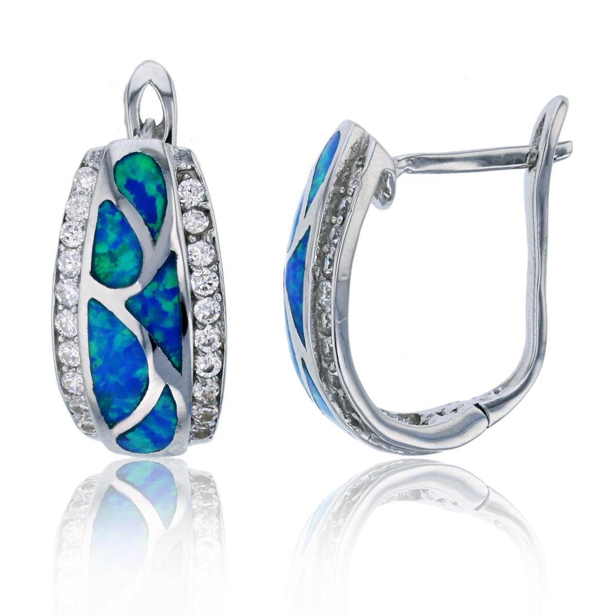 Sterling Silver Rhodium 18x9mm Created Blue Opal & CZ Turtle Shell Design Latchback Earring