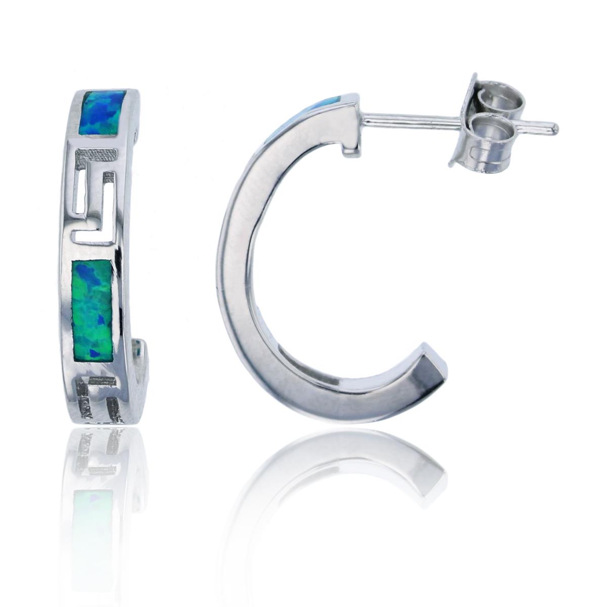 Sterling Silver Rhodium Alternating Greek Key & Created Blue Opal Half Hoop Earring