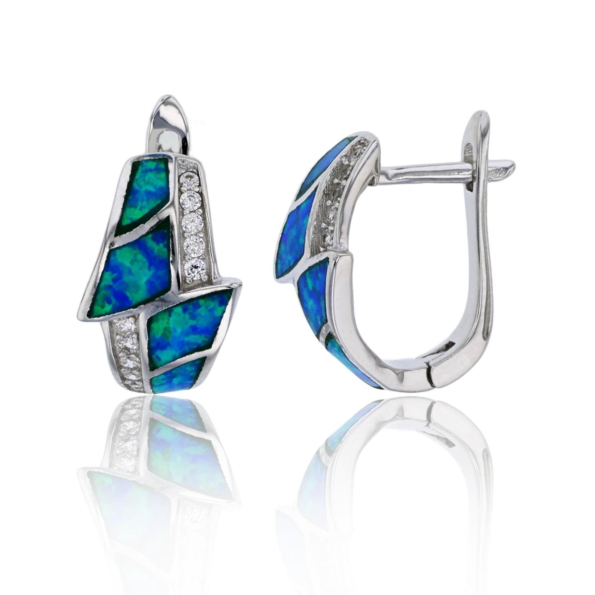 Sterling Silver Rhodium Created Blue Opal & White CZ Latchback Huggie Earring