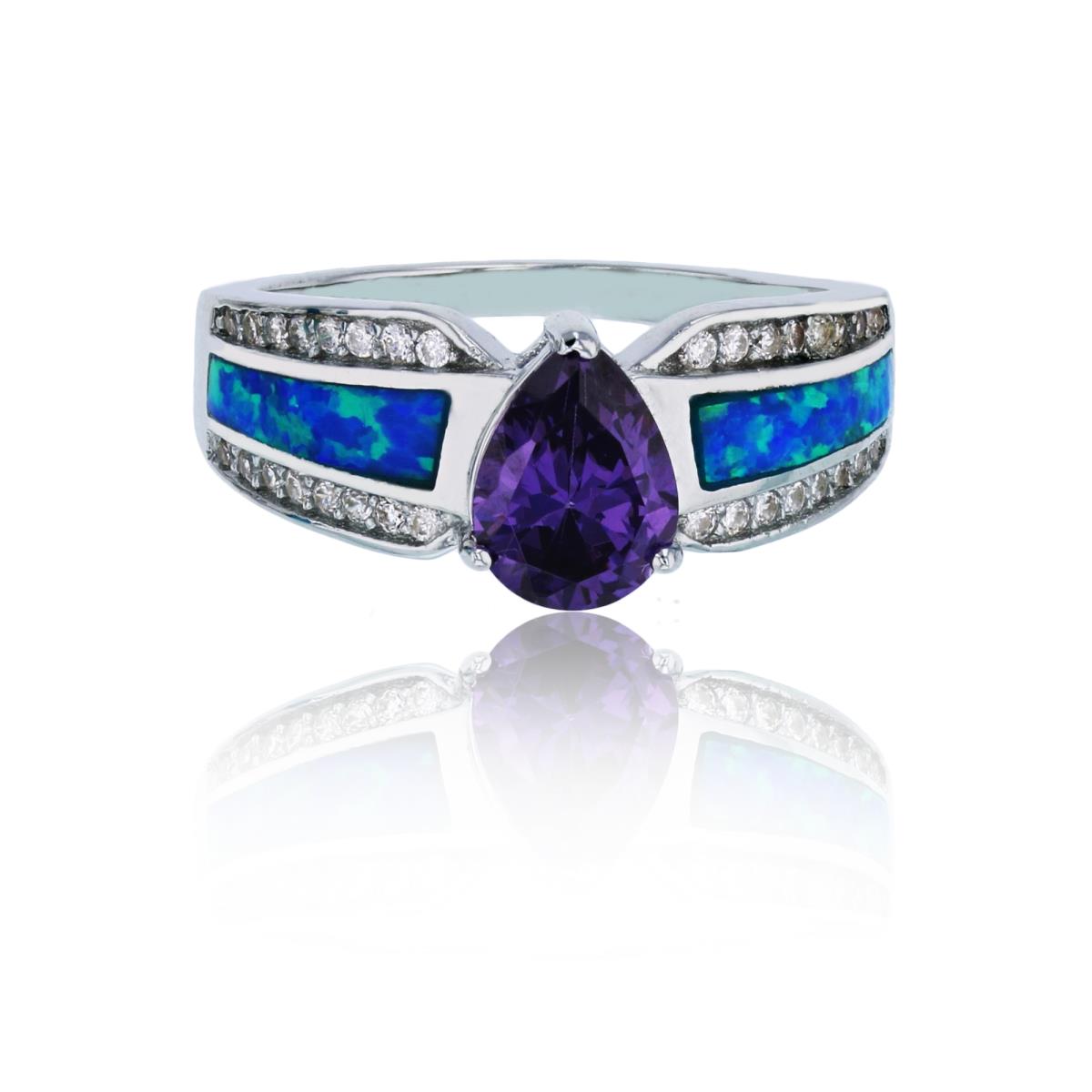Sterling Silver Rhodium 8x6mm Amethyst Pear Cut with Created Blue Opal & CZ Sides Fashion Ring