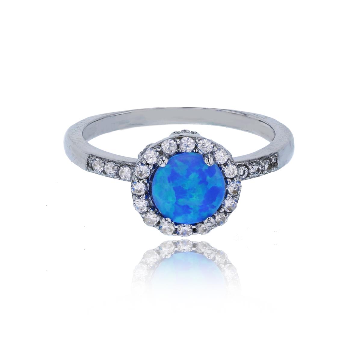 Sterling Silver Rhodium 6mm Round Created Blue Opal with White CZ Halo Fashion Ring