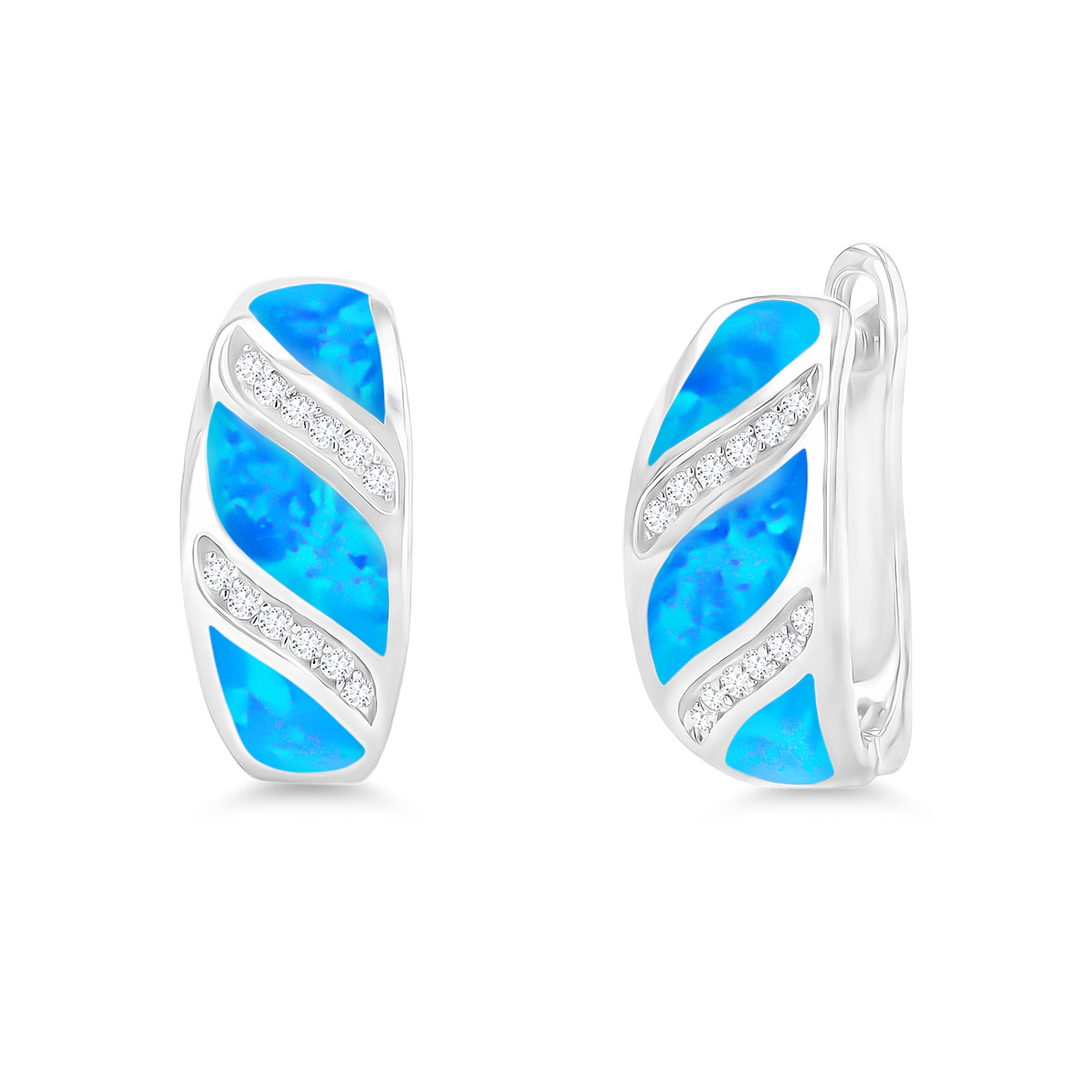 Sterling Silver Rhodium 15x7mm Slashed Created Blue Opal & White CZ Huggie Earring
