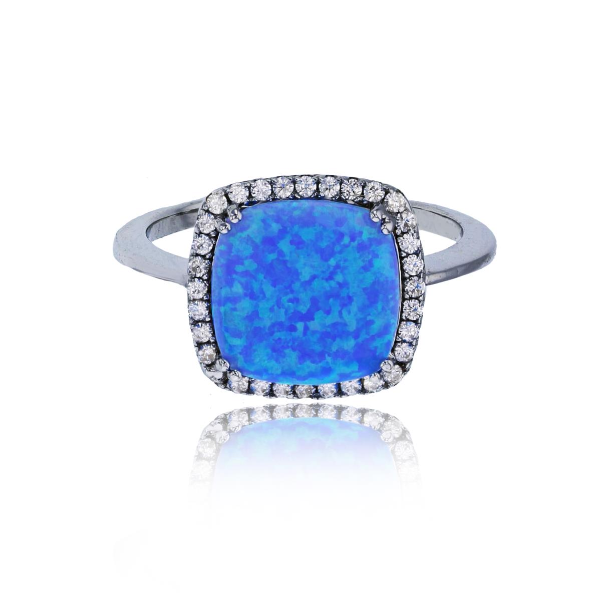 Sterling Silver Rhodium Cushion Cut Created Blue Opal & White CZ Halo Fashion Ring