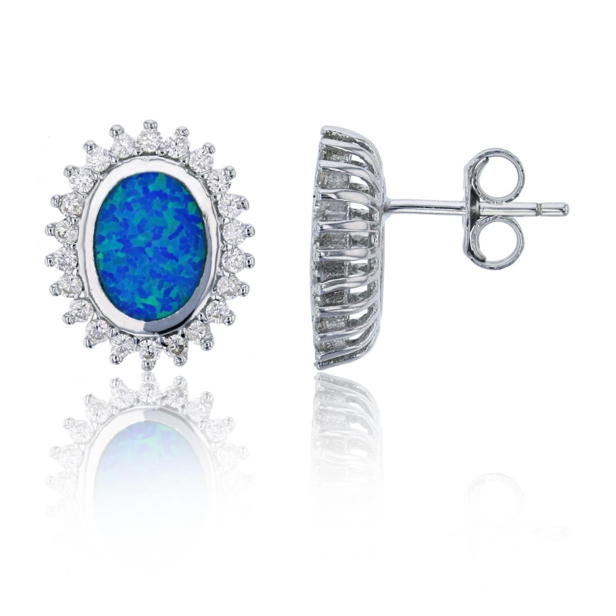 Sterling Silver Rhodium 13x11mm Created Blue Opal Oval Sunflower Stud Earring