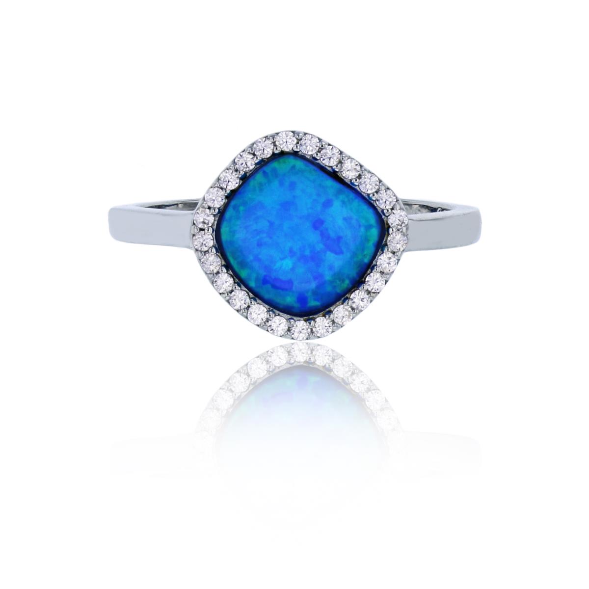 Sterling Silver Rhodium Created Blue Opal & CZ Halo Cushion Shaped Fashion Ring