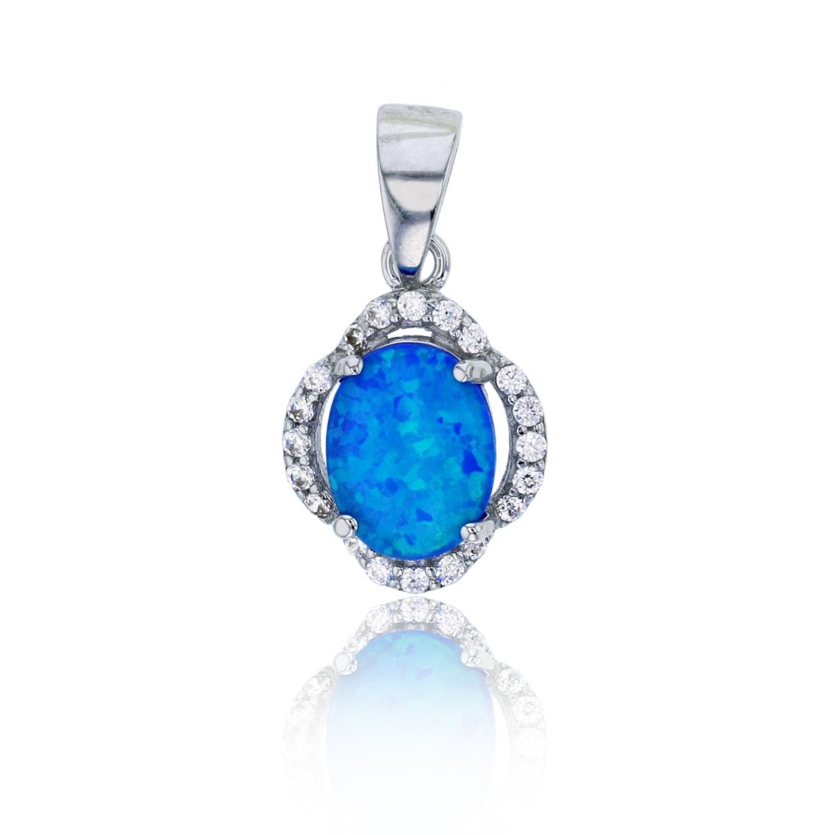 Sterling Silver Rhodium 9x7mm Oval Created Blue Opal & CZ Clover Pendant