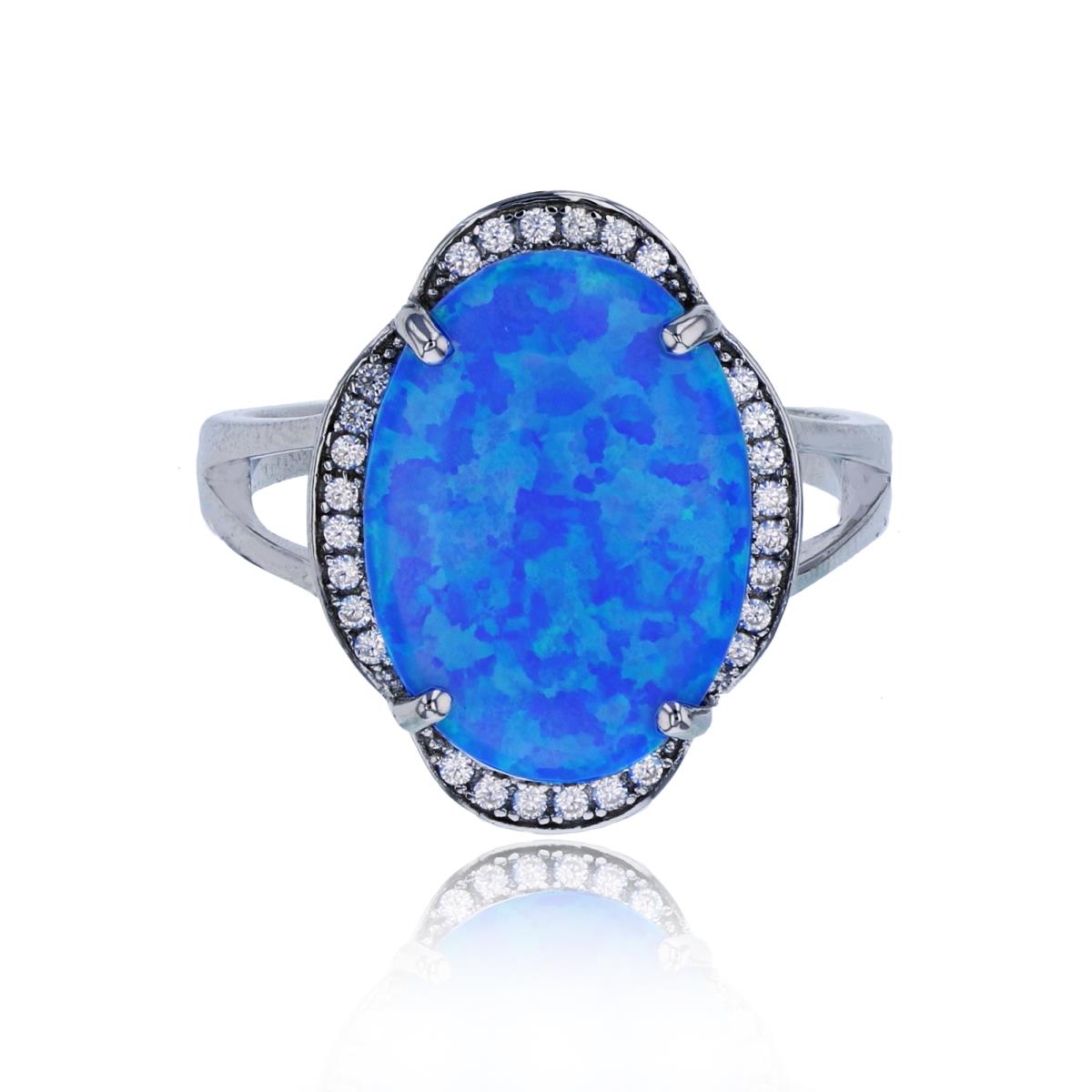 Sterling Silver Rhodium 15x11mm Oval Created Blue Opal & White CZ Fashion Ring