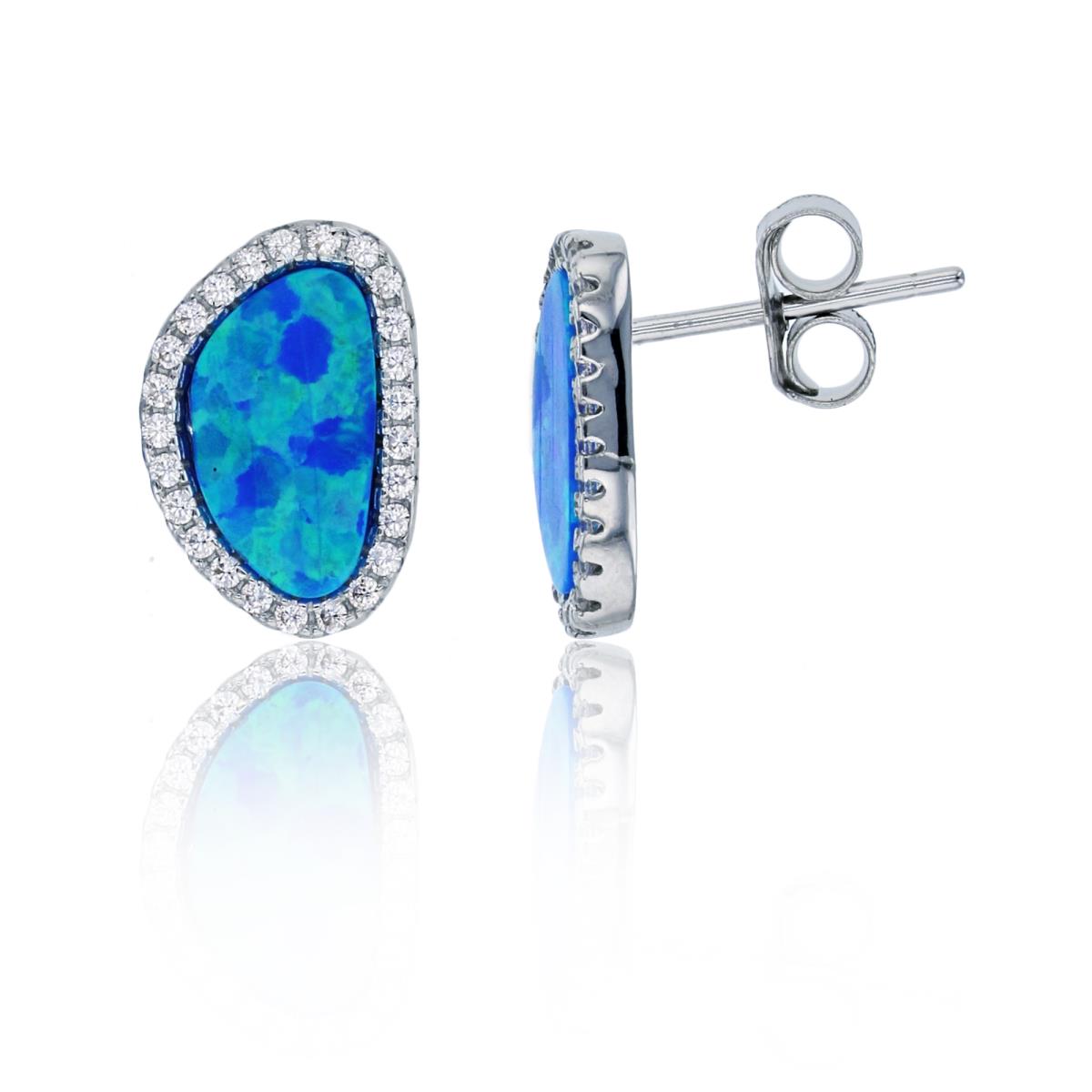 Sterling Silver Rhodium 12x8mm Created Blue Opal & White CZ Kidney Shaped Stud Earring