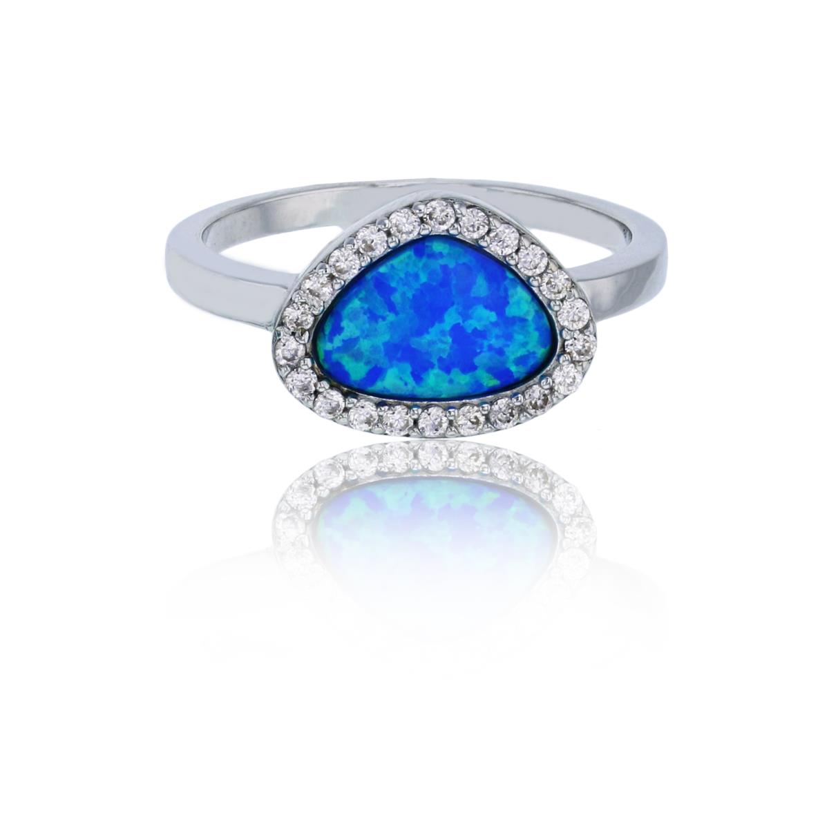 Sterling Silver Rhodium Created Blue Opal & White CZ Kidney Shaped Fashion Ring