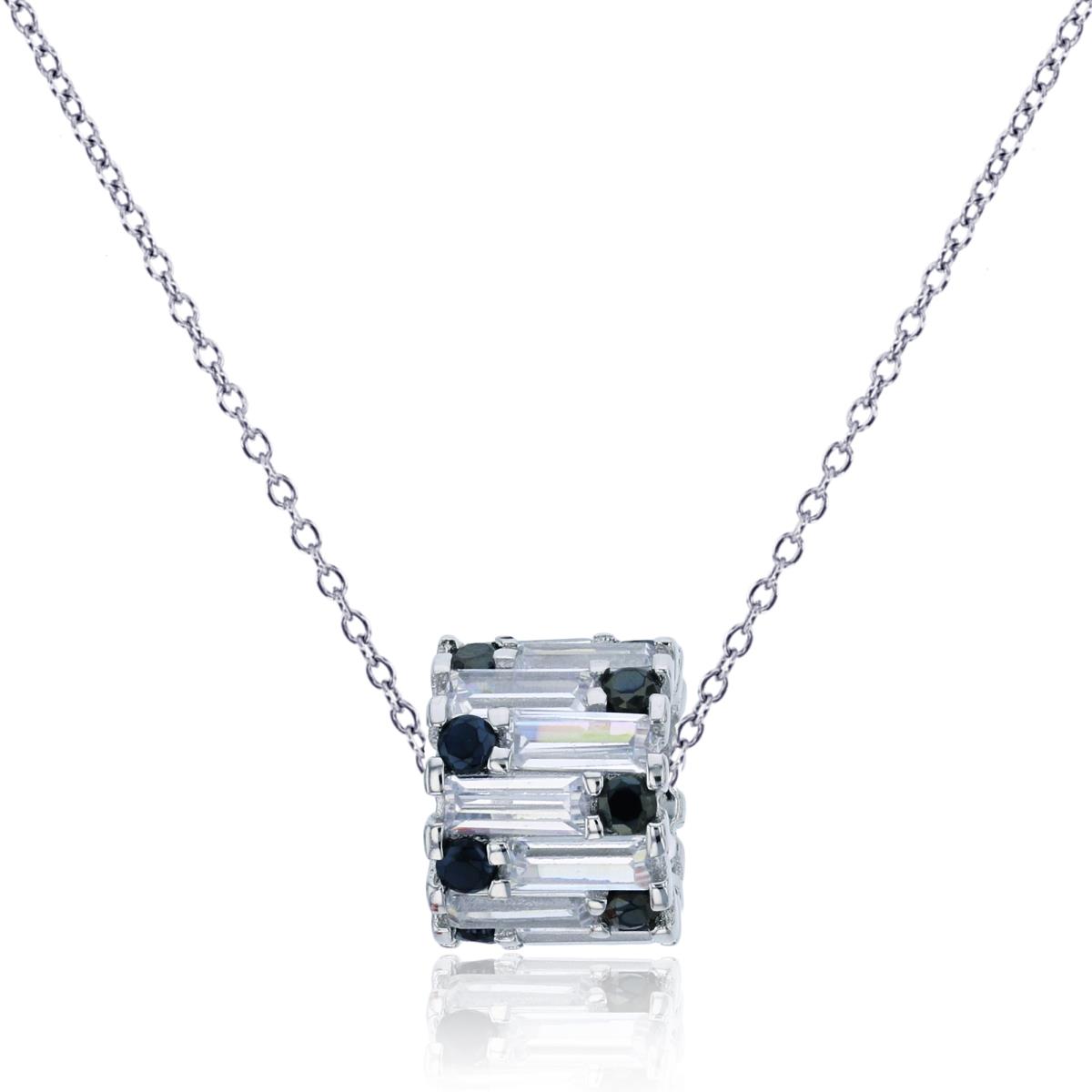 Sterling Silver Rhodium White Baguette & Black Round CZ Ring 18"+2" Necklace