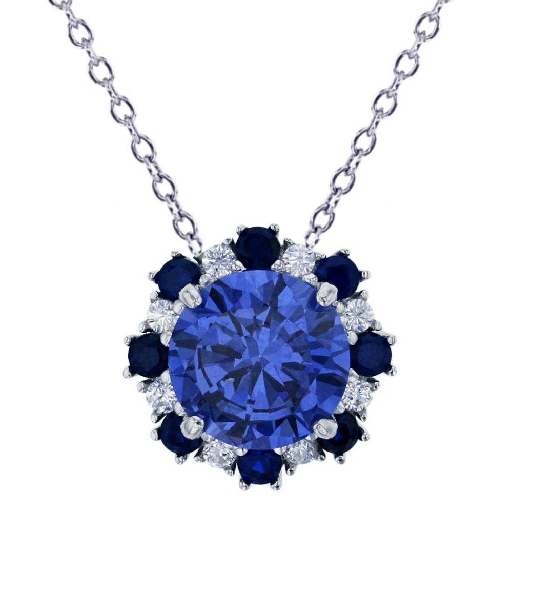 Sterling Silver Rhodium 8mm Blue Spinel Rd Cut Flower Halo 18"+2" Necklace