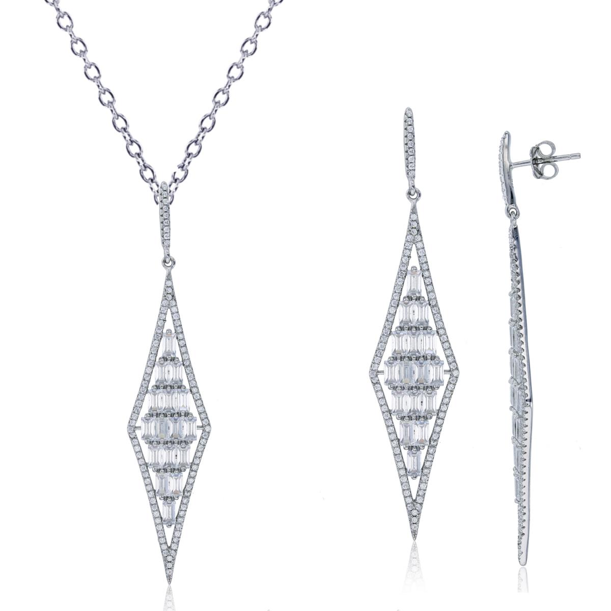 Sterling Silver Rhodium Rd & Baguette CZ Elongated Rhombus 18"+2" Necklace & Earring Set