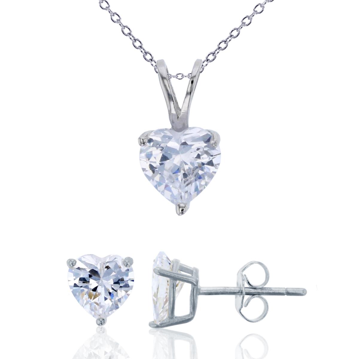Sterling Silver Rhodium 6mm AAA Heart Cut Solitaire 18" Necklace & Earring Set