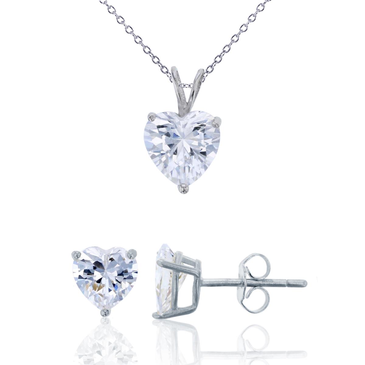 Sterling Silver Rhodium 8mm AAA Heart Cut Solitaire 18" Necklace & Earring Set