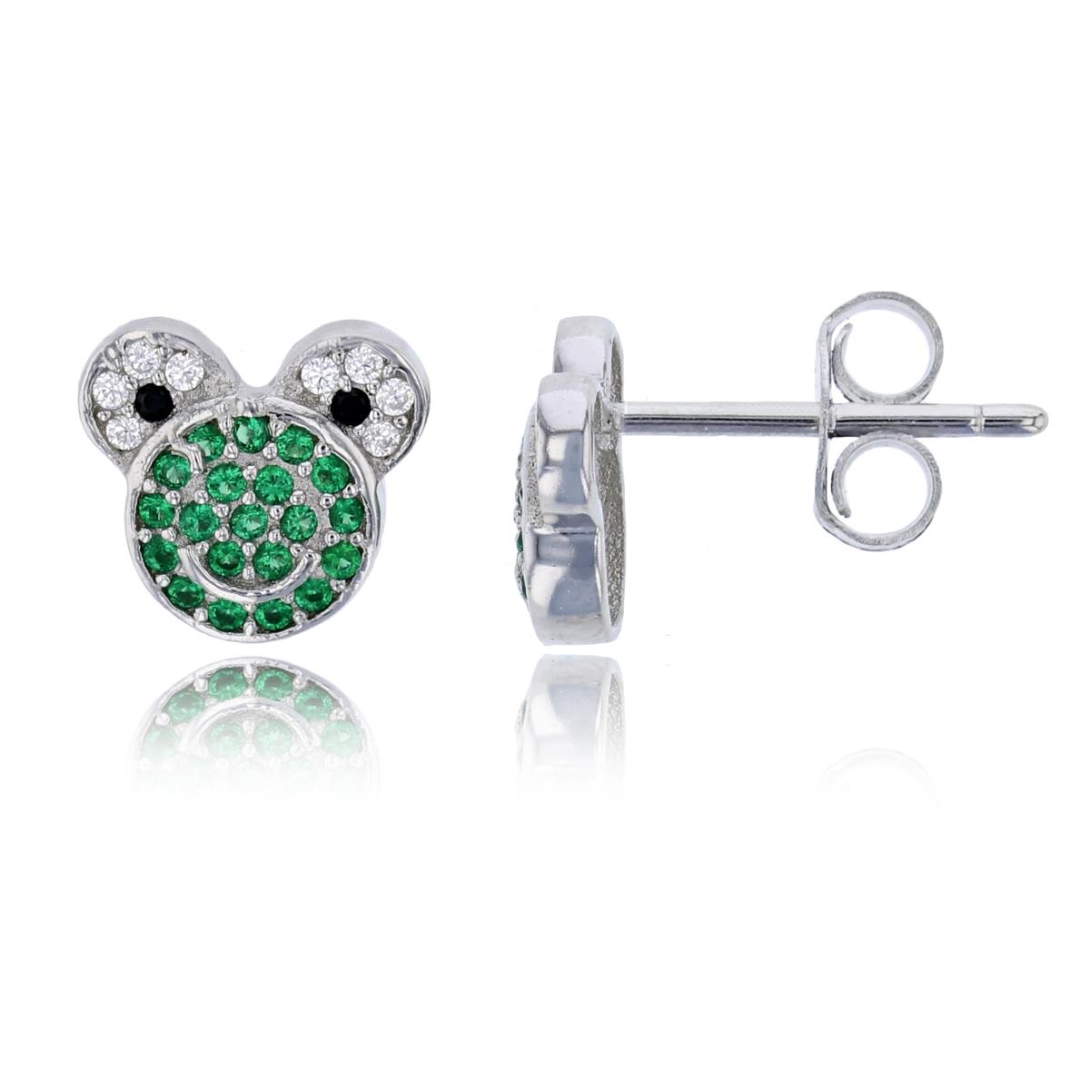 Sterling Silver Rhodium Micropave Green, White & Black CZ Mickey Mouse Stud Earring