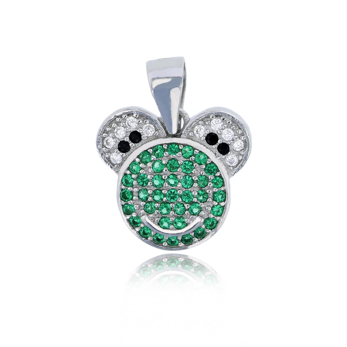 Sterling Silver Rhodium Micropave Green, White & Black CZ Mickey Mouse Pendant