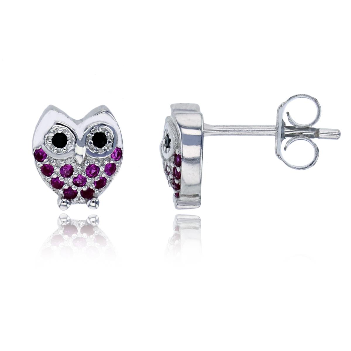Sterling Silver Rhodium 8x7mm Micropave Ruby & Black Owl Stud Earring