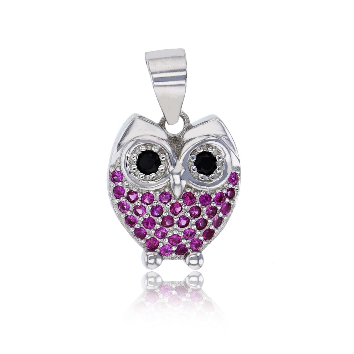 Sterling Silver Rhodium Micropave Ruby & Black Owl Pendant