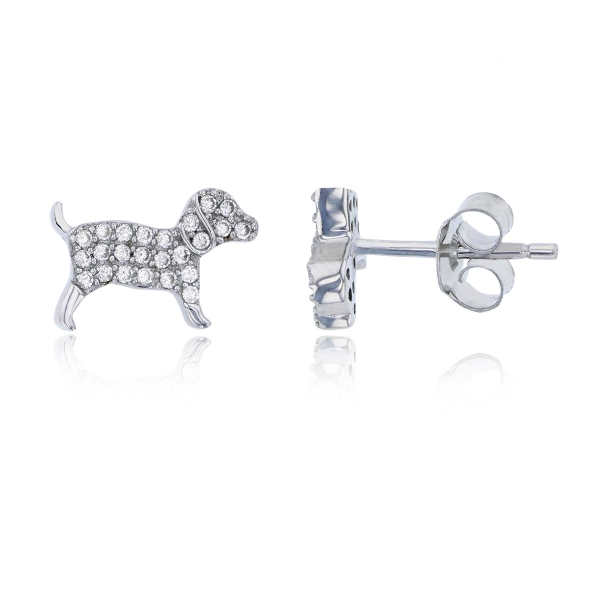 Sterling Silver Rhodium 8x11mm Micropave Dog Stud Earring