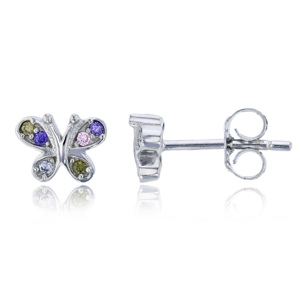 Sterling Silver Rhodium 5x7mm Multi Color CZ Butterfly Stud Earring