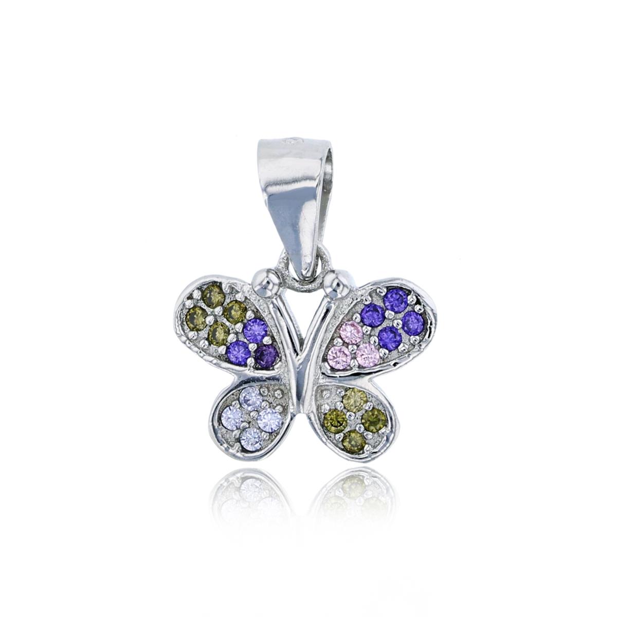 Sterling Silver Rhodium Multi Color CZ Butterfly Pendant