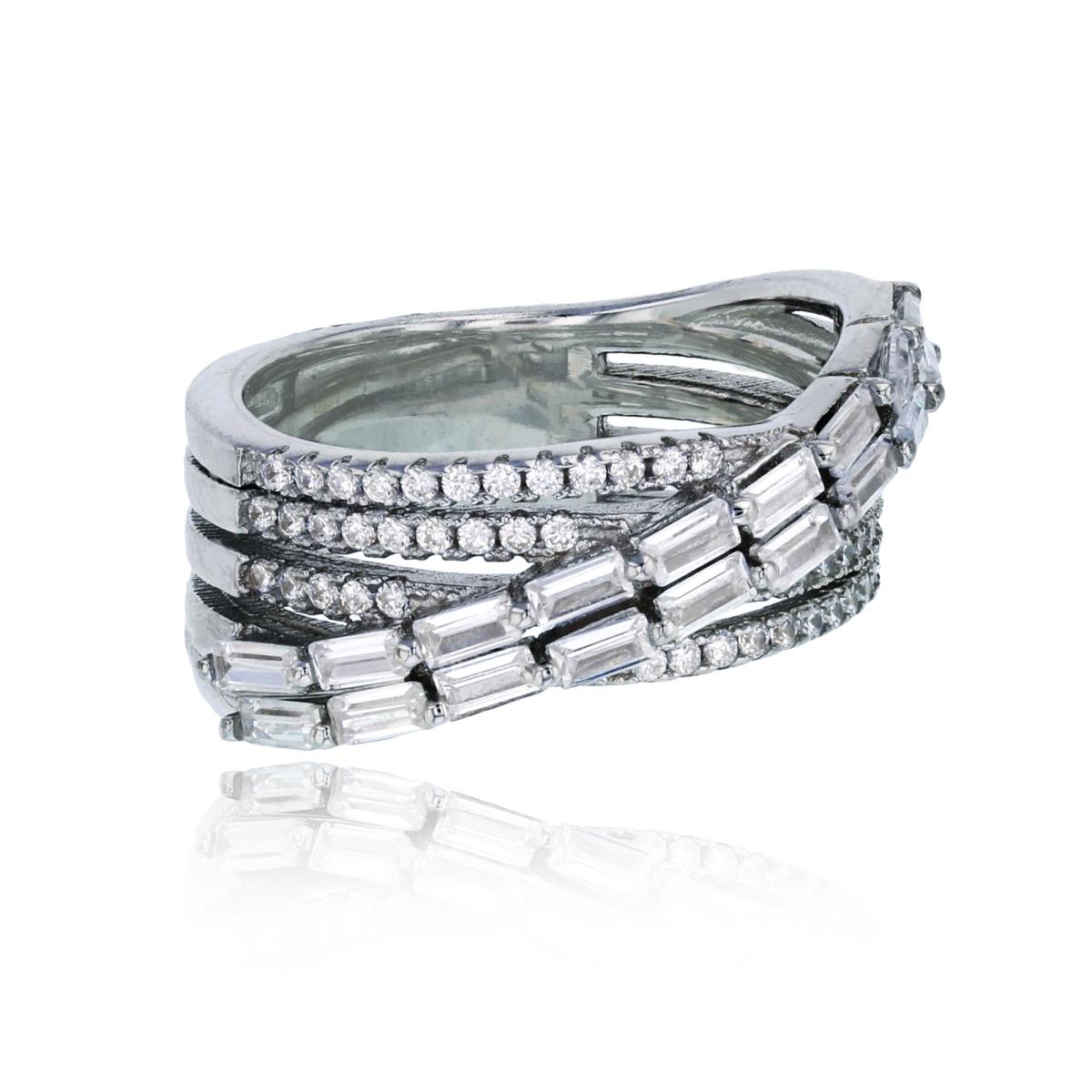 Brass White Plated 3-Strand Micropave with Double Baguette Overlapping Rows Fashion Ring