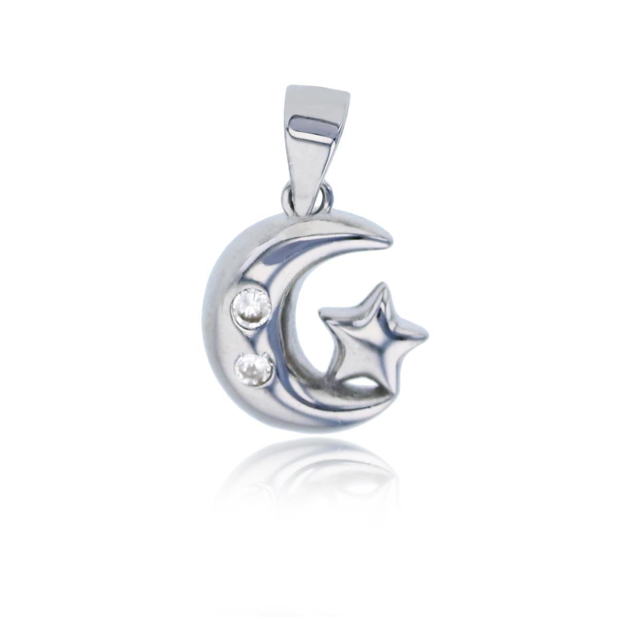 Sterling Silver Rhodium Polished Crescent Moon & Star Pendant