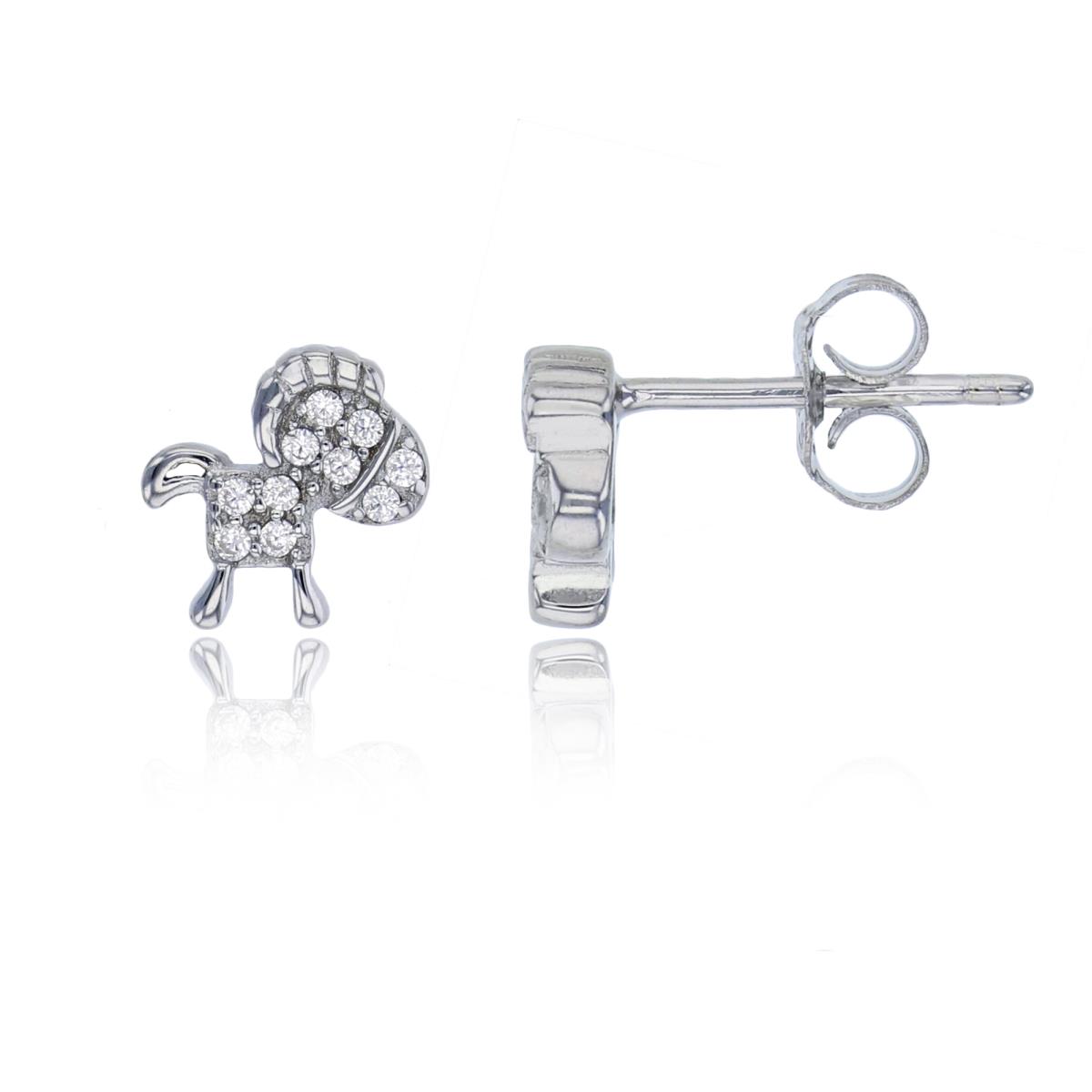Sterling Silver Rhodium 8x8mm Micropave Horse Toy Stud Earring