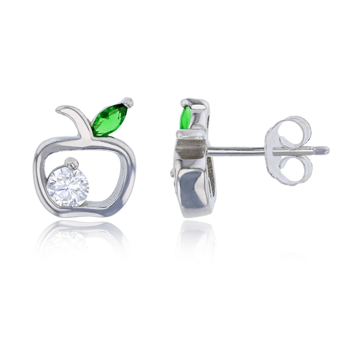 Sterling Silver Rhodium Emerald Pear Cut & White Rd CZ Apple Stud Earring