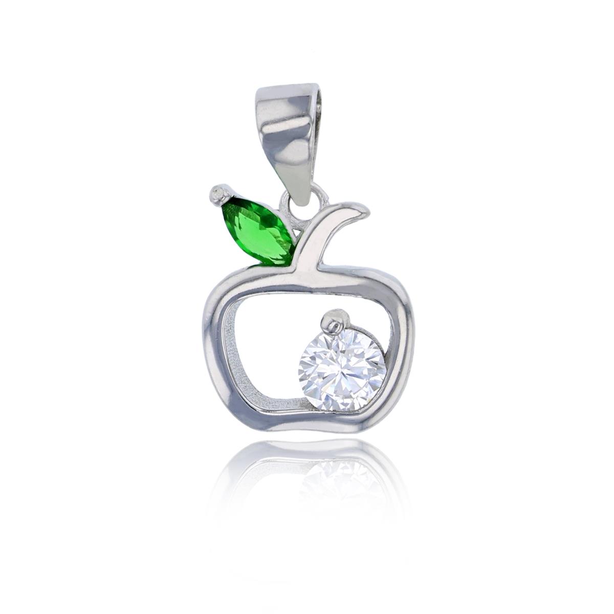 Sterling Silver Rhodium Emerald Pear Cut & White Rd CZ Apple Pendant