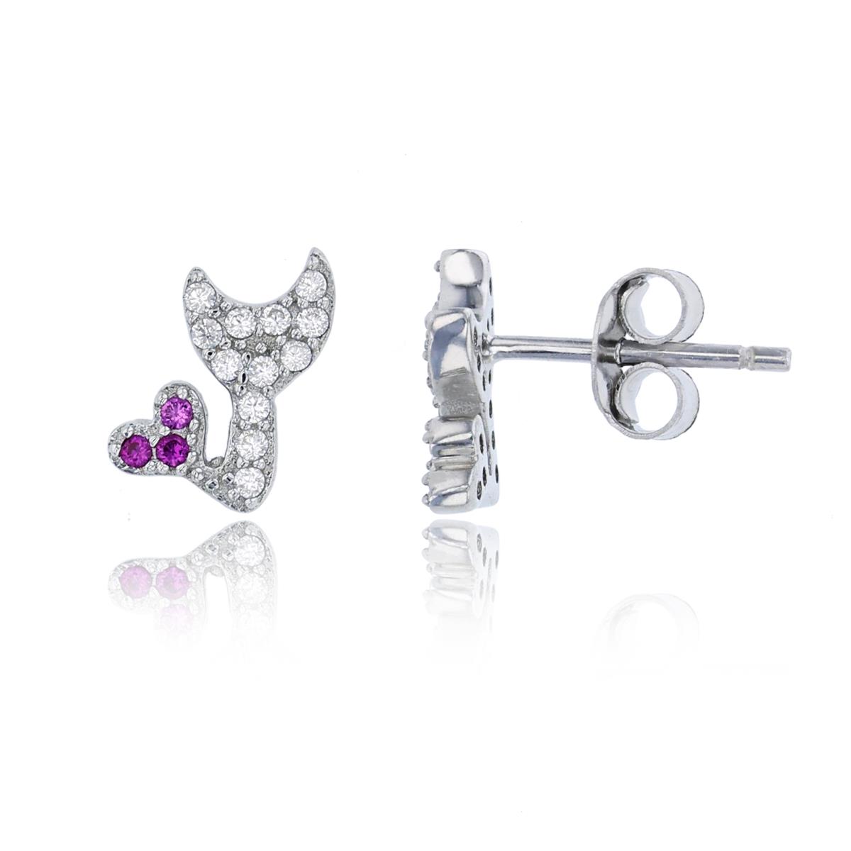 Sterling Silver Rhodium Micropave White & Ruby CZ Cat Silhouette Stud Earring