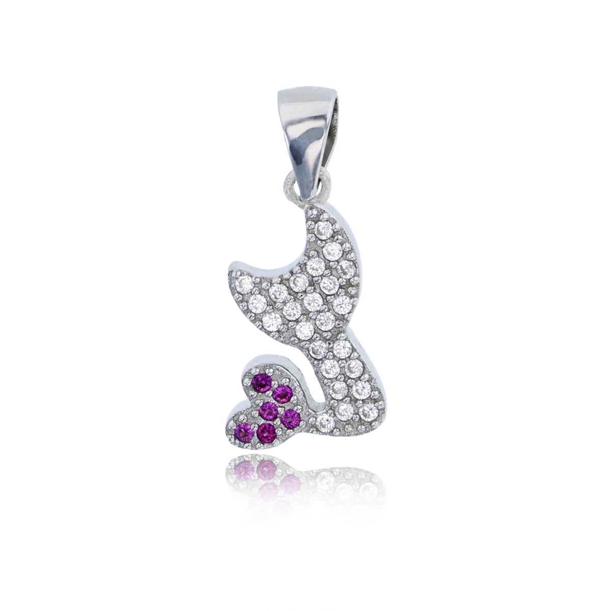 Sterling Silver Rhodium Micropave White & Ruby CZ Cat Silhouette Pendant