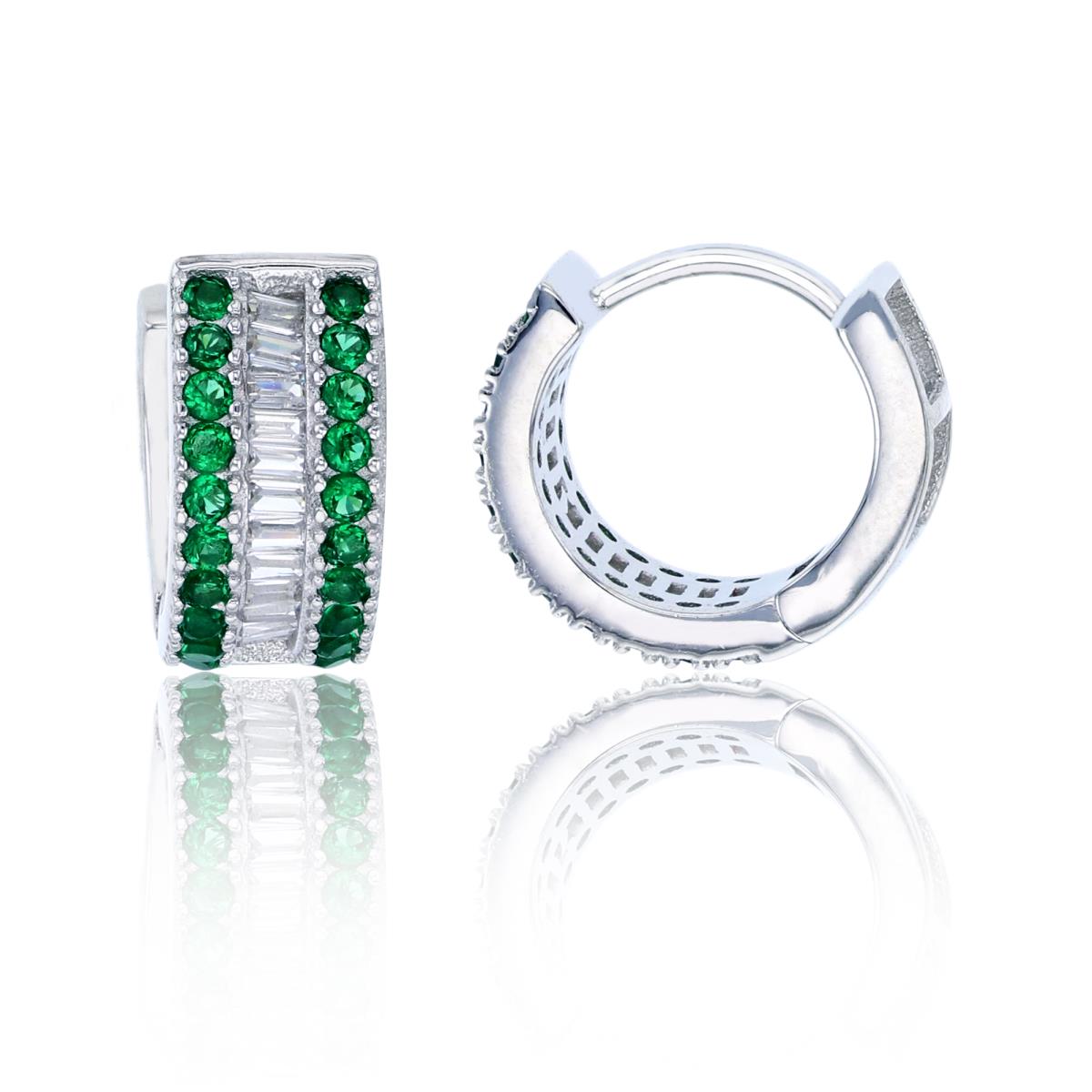 Sterling Silver Rhodium Emerald Rd Cut & White Baguette 3-Row Huggie Earring