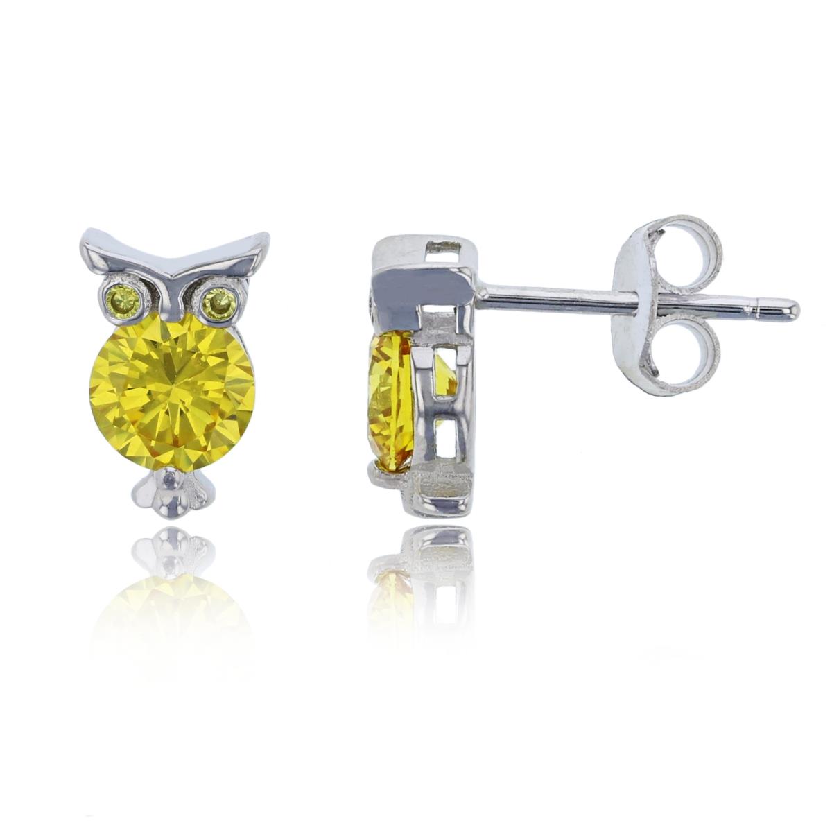 Sterling Silver Rhodium 10x6mm Canary Yellow Owl Stud Earring