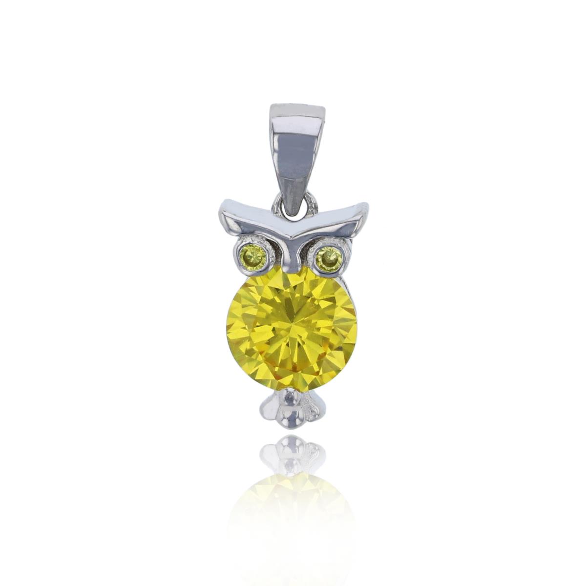 Sterling Silver Rhodium 20x9mm Canary Yellow CZ Owl Pendant