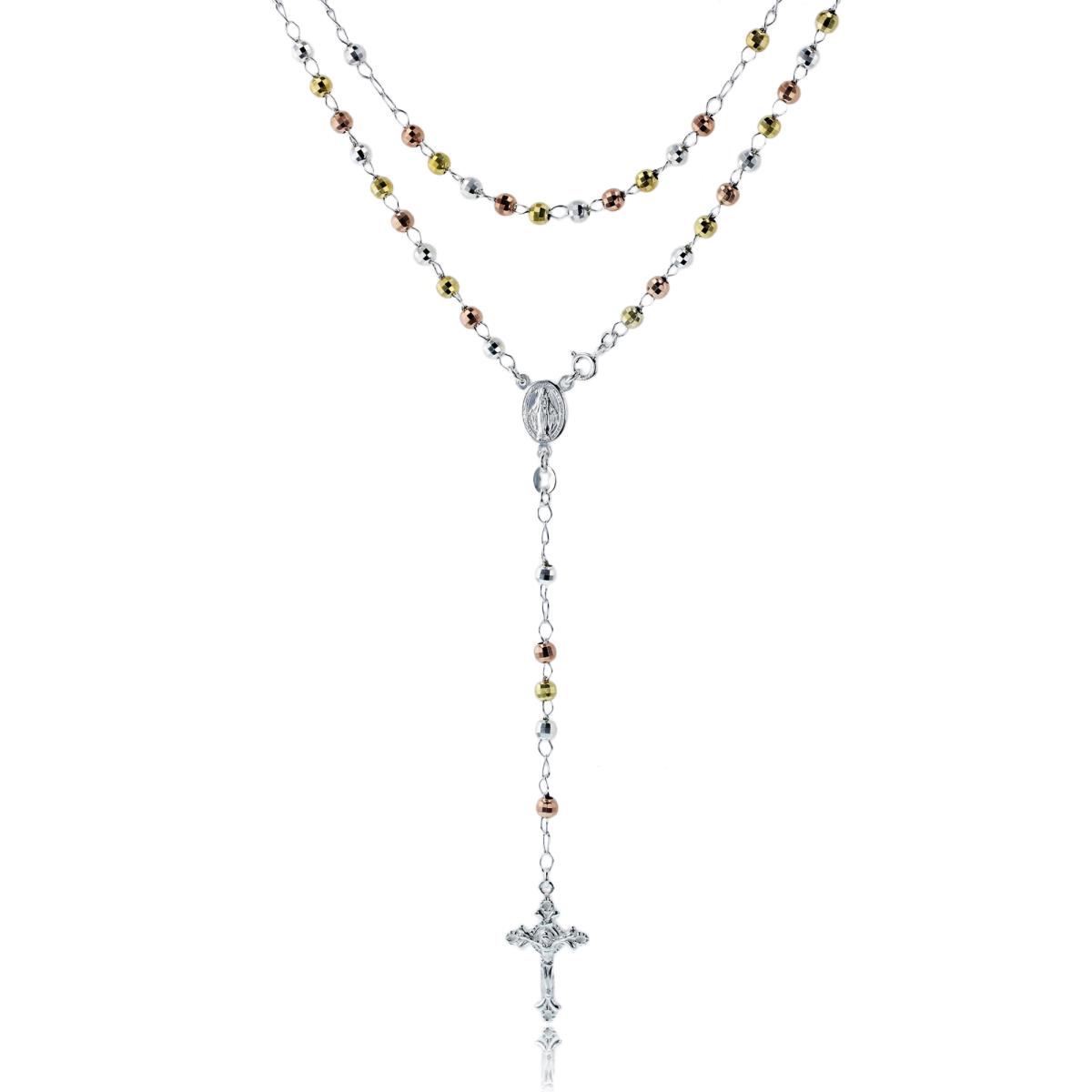 Sterling Silver Diamond Cut Tricolor 4MM 24" Rosary Necklace