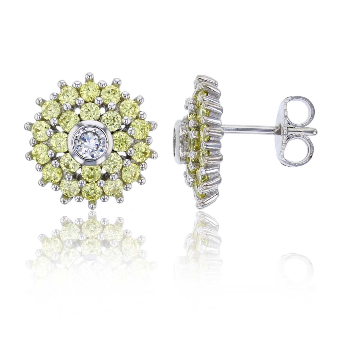 Sterling Silver Rhodium Pave Canary Yellow CZ Sunflower Stud Earring