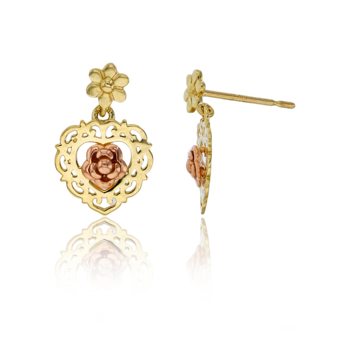 14K Two-Tone Gold 14x9mm Filigree Heart with Center Rose Dangling Earring