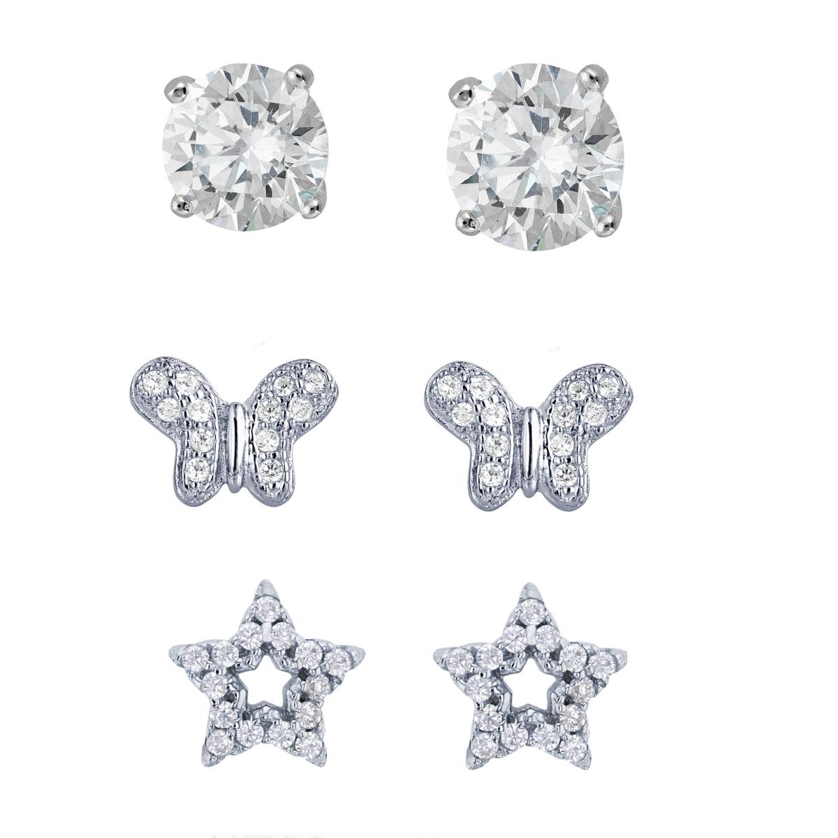 Sterling Silver Rhodium Micropave Butterly, Open Star & 5mm Rd Cut Solitaire Stud Earring Set