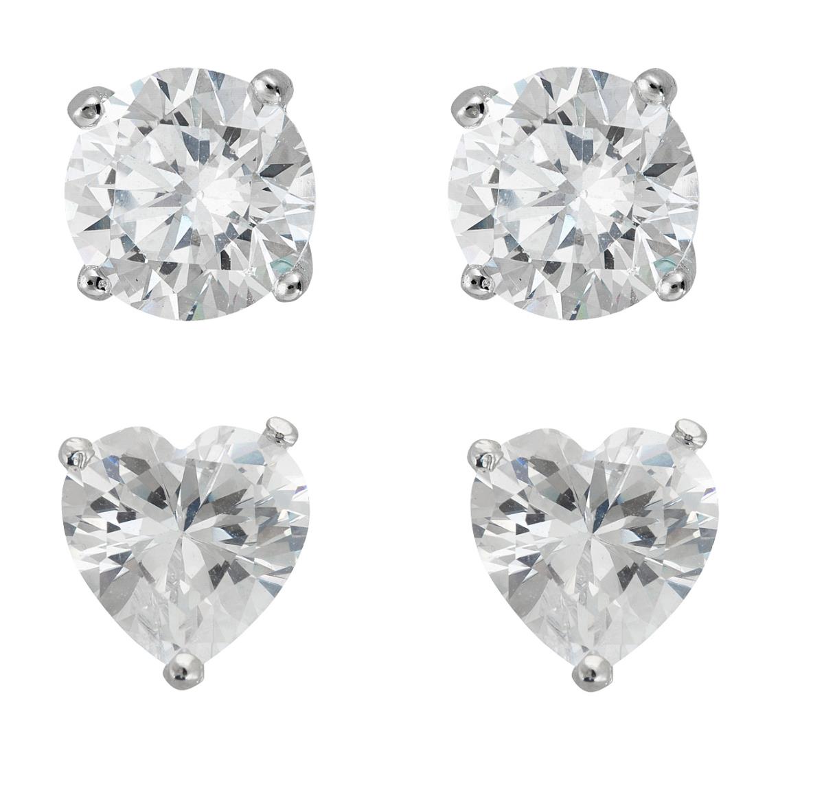 Sterling Silver Rhodium 6mm Round & Heart Cut Solitaire Stud Set