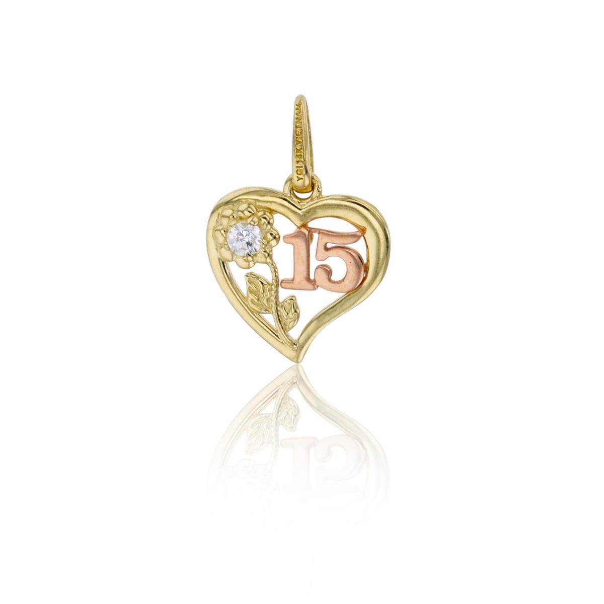 14K Two-Tone Gold 15x10mm 15 Anos Quinceanera Heart Pendant