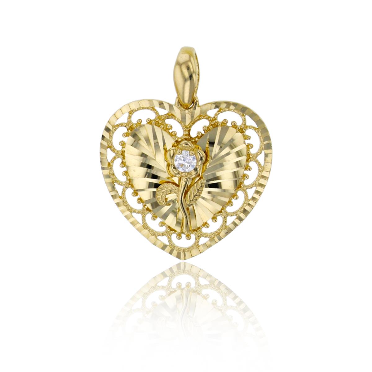 14K Yellow Gold 20x16mm Diamond Cut Heart with Center Rose Pendant