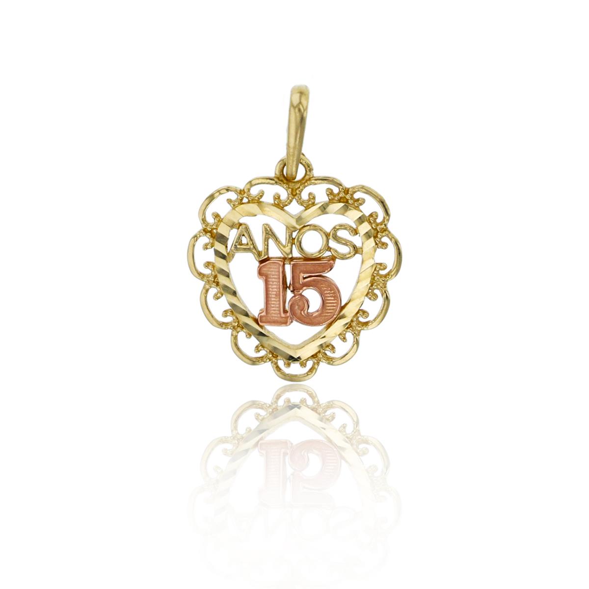 14K Two-Tone Gold 18x12mm DC & Filigree 15 Anos Quinceanera Heart Pendant