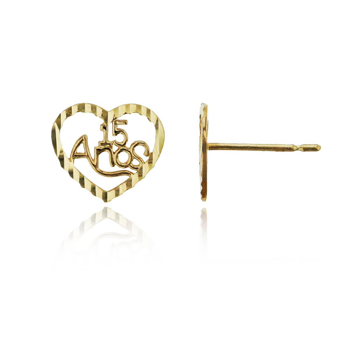 14K Yellow Gold 8x9mm Polished & DC "15 Anos" Heart Stud Earring