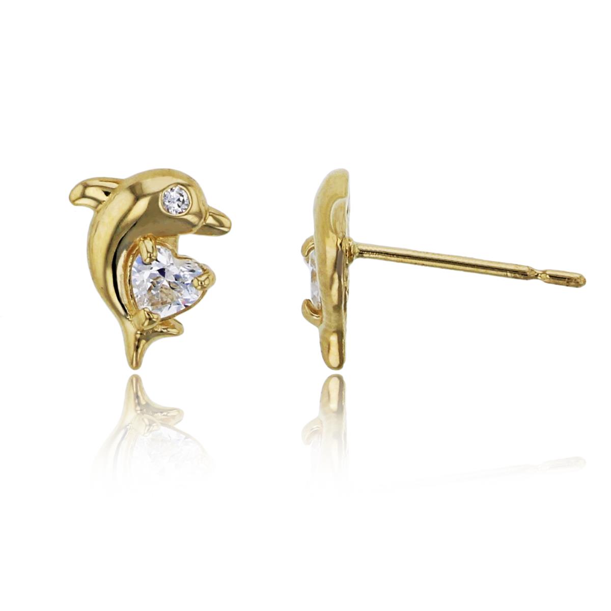 14K Yellow Gold 3mm Heart Cut Polished Dolphin Stud Earring