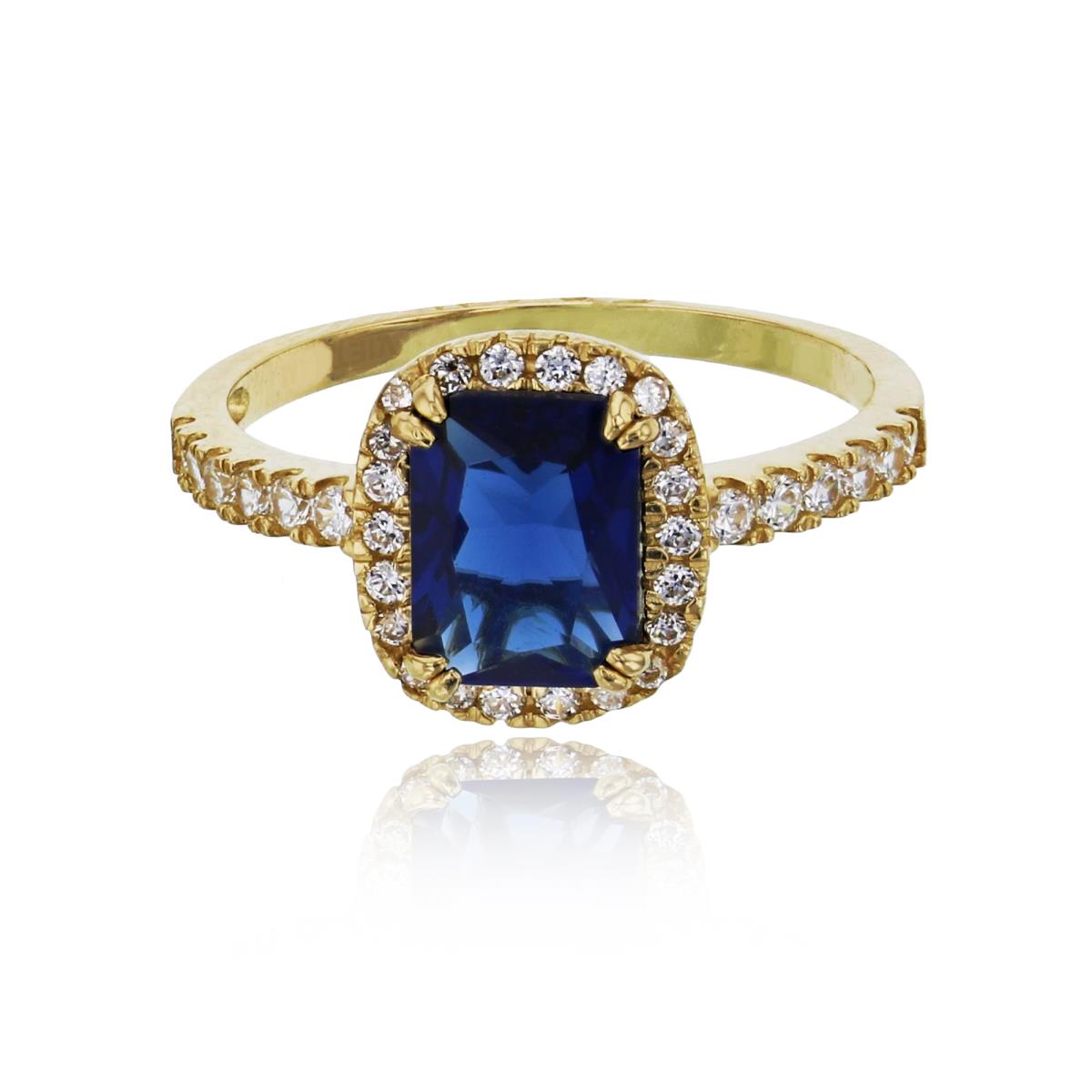 14K Yellow Gold 8x5mm Sapphire Emerald Cut & White CZ Halo Fashion Ring